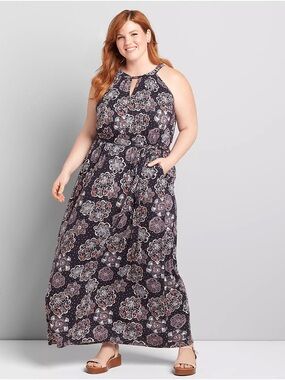 Lane Bryant Navy Bandana Floral Blue Twist-Neck Maxi Dress with Waist Tie 18/20